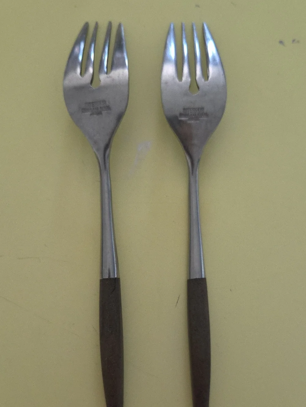 2 Vintage Interpur Rustic Brown Handle Stainless Steel Serving Forks